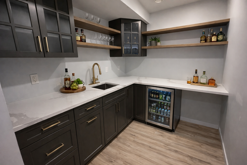 Dark cabinetry and open shelving in a compact bar area